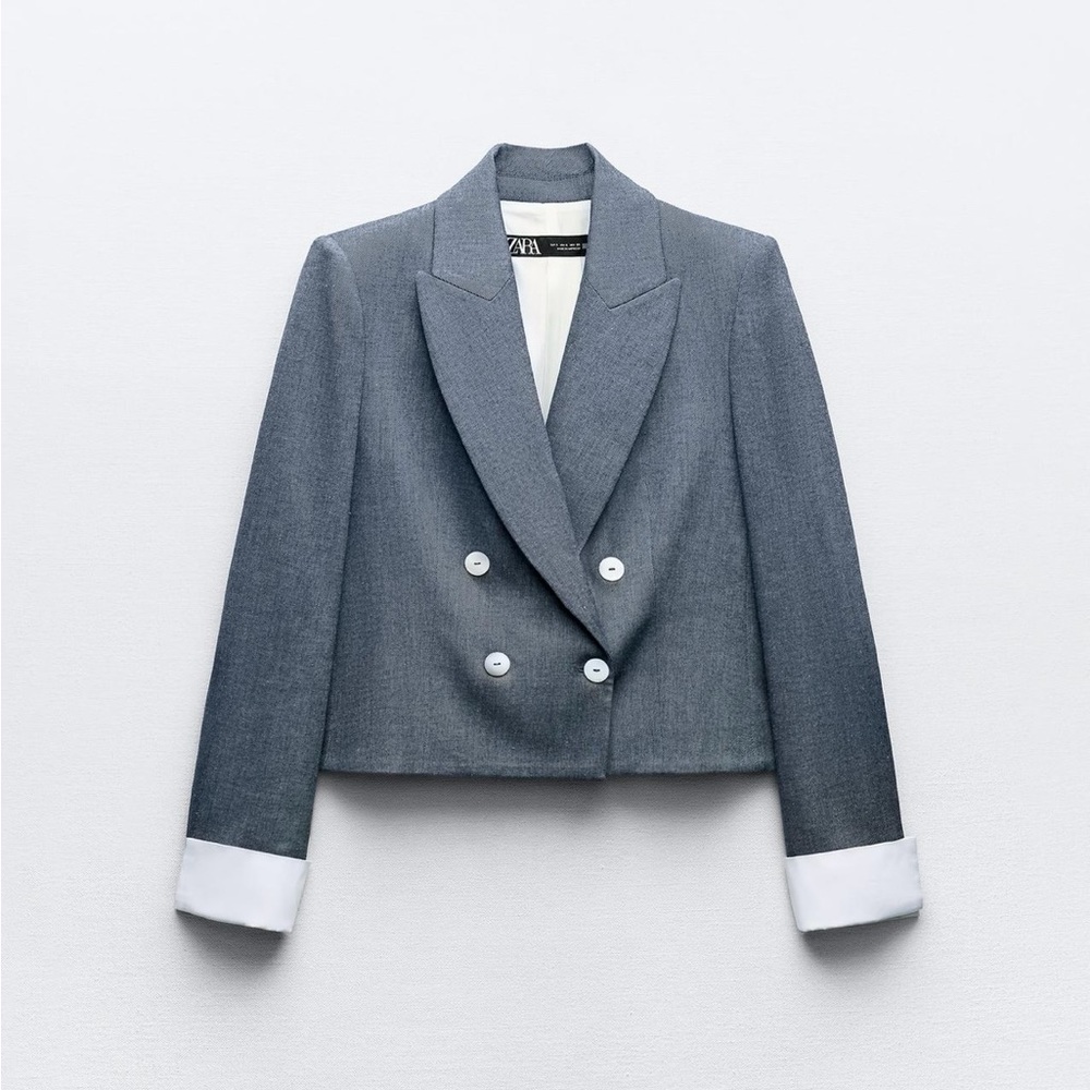 NWT - Zara - Cuff Cropped Double Breasted Blazer, Blue; Size XS